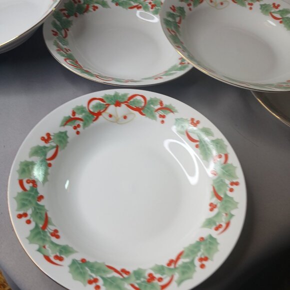 Sango NOEL 7 Rimmed 7 3/4" Soup Cereal Bowls Vintage Holly Bells Christmas 1990 - Picture 4 of 13
